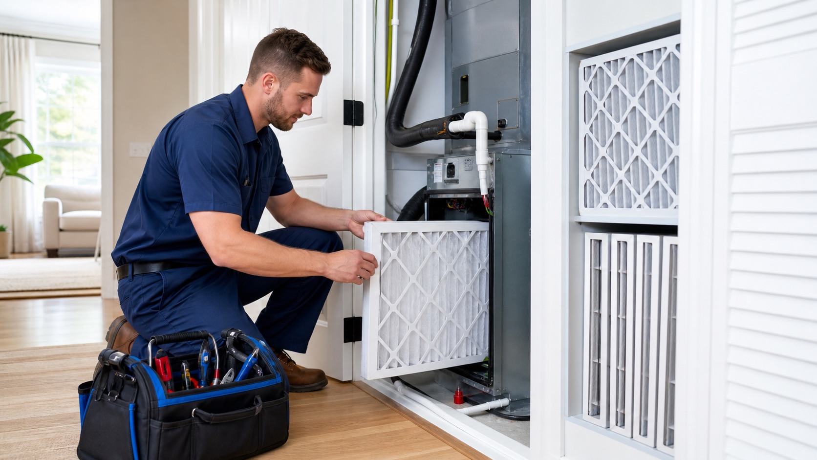 HVAC technician replacing an air filter beside a residential air handler