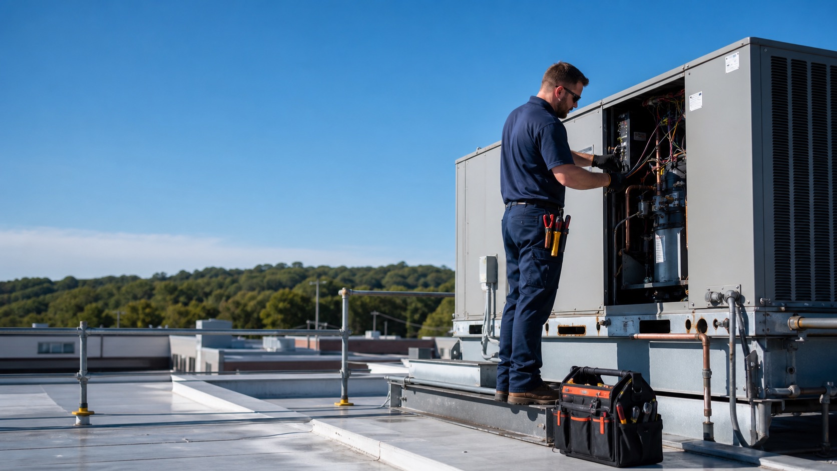 HVAC technician servicing a packaged rooftop unit on a small commercial building