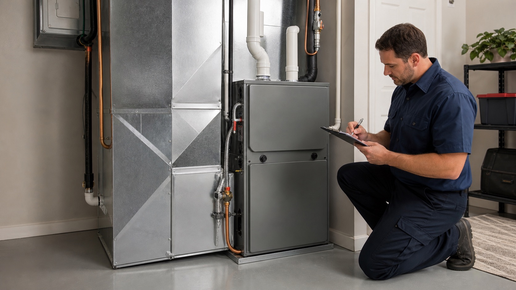 Technician completing a final checklist beside a newly installed high-efficiency furnace