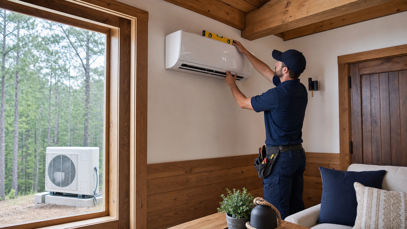 Technician leveling a ductless mini-split indoor unit in a wooded Oklahoma cabin