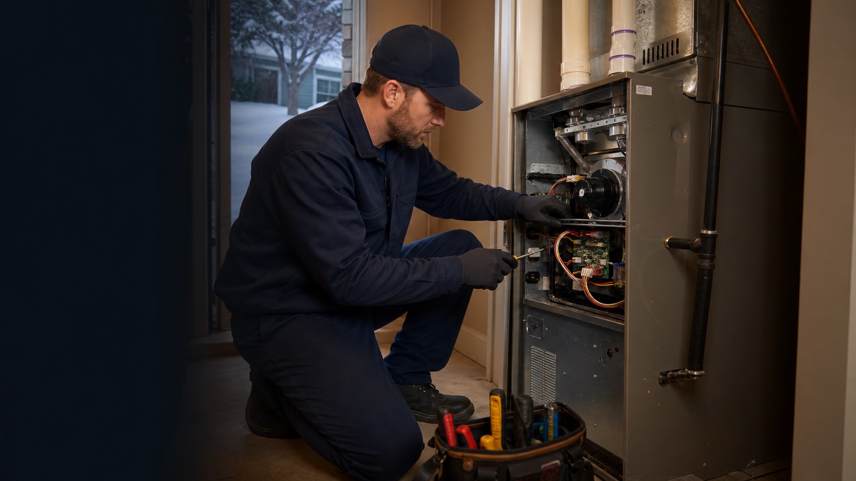Technician inspecting the controls of a residential furnace during a heating repair visit