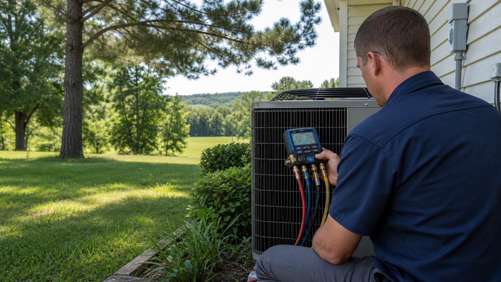 HVAC technician checking an outdoor air-conditioning system in southeastern Oklahoma